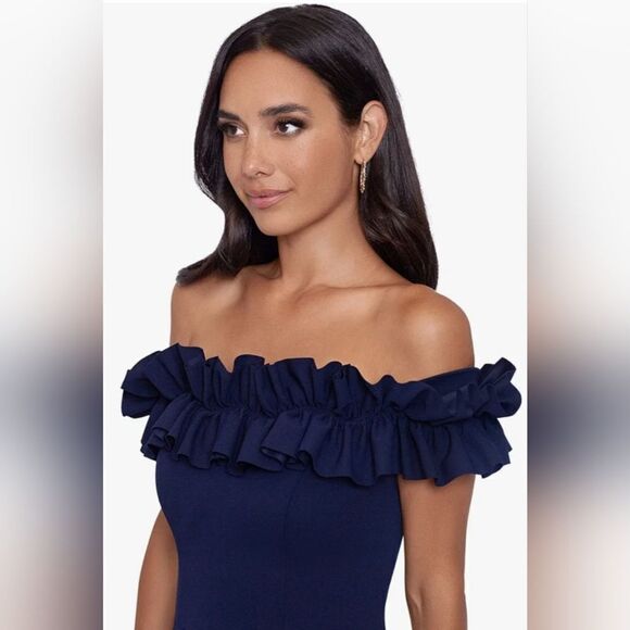 Xscape 4767 Naya Ruffled Off-the-Shoulder Scuba Gown NWT size 12 Navy Blue - Picture 3 of 6